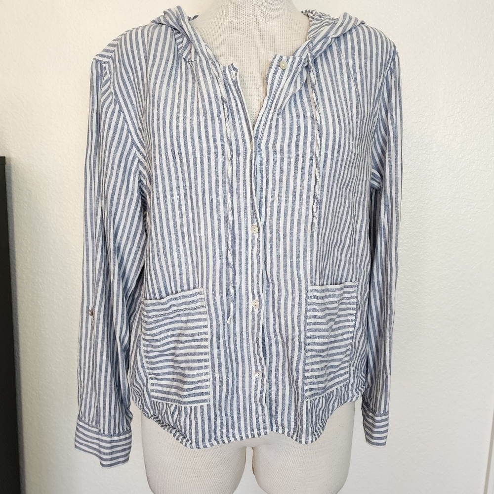 Tahari Chambray Blue & White 100% Linen Drawstring Hoodie Women's Top Size M